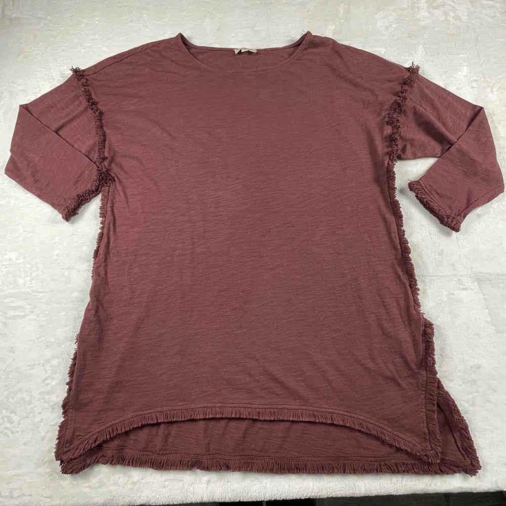 Umgee USA Womens Large Maroon Slub Cotton Fringe Tunic Top Boho A5036